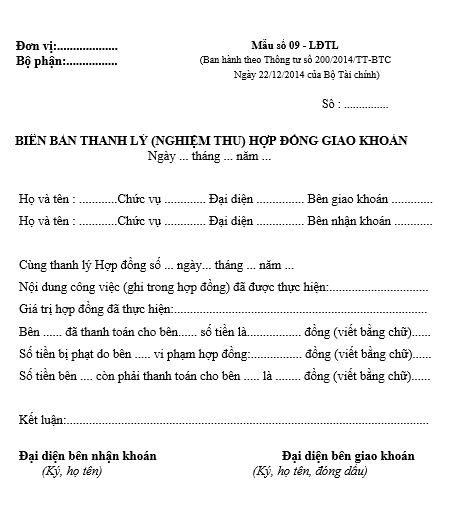 Mẫu biên bản thanh lý hợp đồng giao khoán theo Thông tư 200