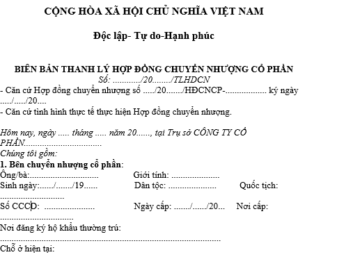 Mẫu biên bản thanh lý hợp đồng chuyển nhượng cổ phần