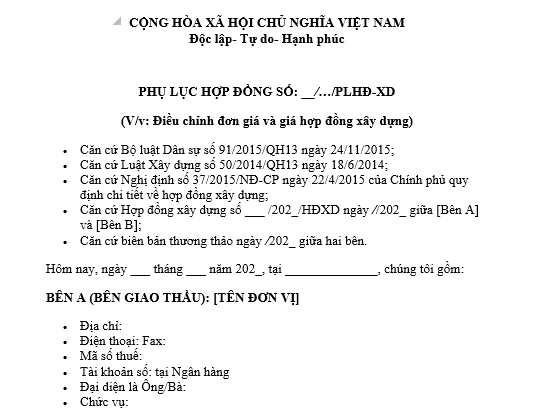 Mẫu phụ lục hợp đồng điều chỉnh đơn giá và giá hợp đồng xây dựng