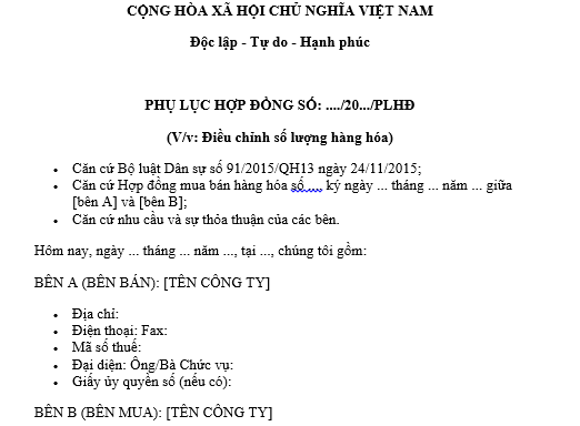 Mẫu Phụ lục hợp đồng điều chỉnh số lượng hàng hóa trong hợp đồng mua bán hàng hóa