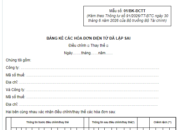 Mẫu Bảng kê các hóa đơn bán hàng điện tử đã lập sai từ 01/7/2026 theo Thông tư 91