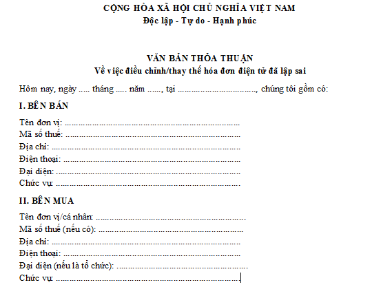 Mẫu Văn bản thỏa thuận điều chỉnh thay thế hóa đơn điện tử đã lập sai mới nhất 2026 giữa người bán và người mua