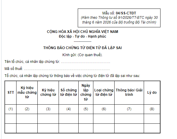 Mẫu Thông báo Biên lai điện tử đã lập sai gửi Cơ quan thuế từ 01/7/2026? Được lập biên lai thay thế biên lai đã lập sai không?