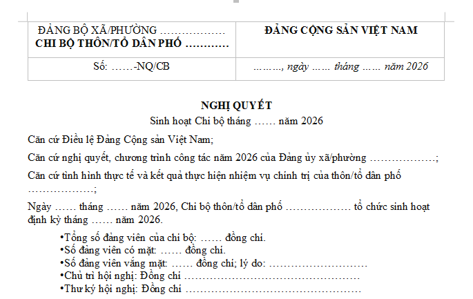 Mẫu Nghị quyết sinh hoạt chi bộ thôn, tổ dân phố 2026 có dạng ra sao? 