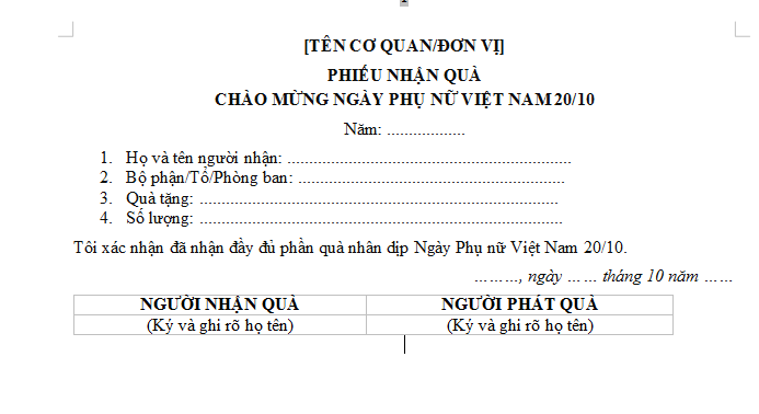 Mẫu Phiếu nhận quà 20 tháng 10