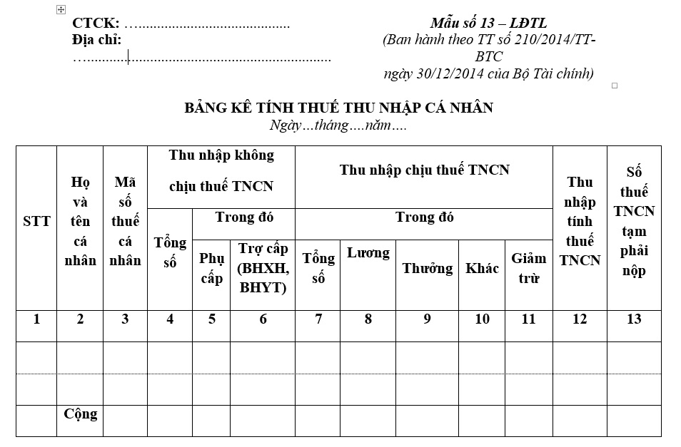 Mẫu bảng kê tính thuế thu nhập cá nhân áp dụng đối với công ty chứng khoán mới nhất