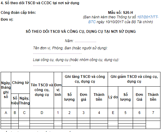 Mẫu Sổ theo dõi TSCĐ và CCDC tại nơi sử dụng công đoàn cơ sở 2026 là mẫu nào? Cách ghi Sổ theo dõi TSCĐ và CCDC ra sao? 