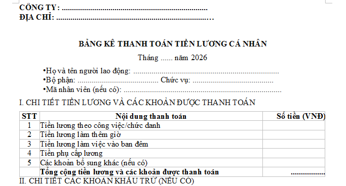 Mẫu bảng kê trả lương 2026