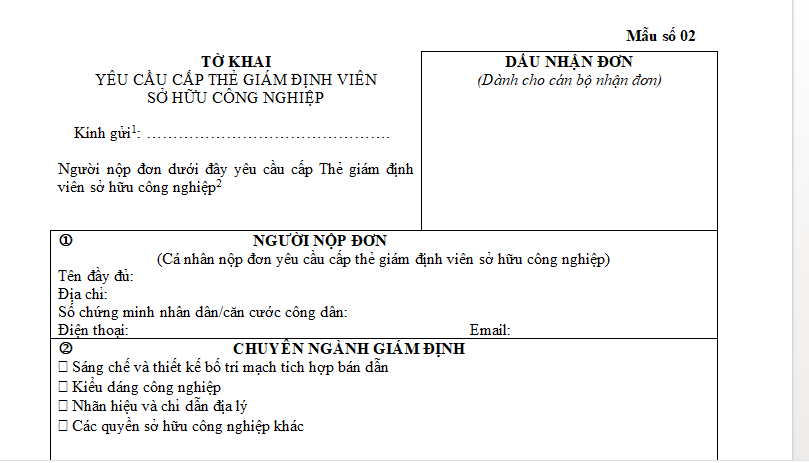 Tải mẫu tờ khai yêu cầu cấp Thẻ giám định viên sở hữu công nghiệp mới nhất