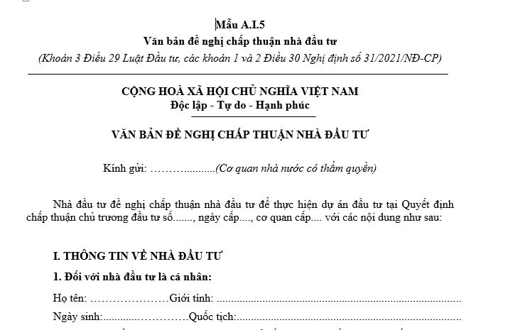 Mẫu văn bản đề nghị chấp thuận nhà đầu tư