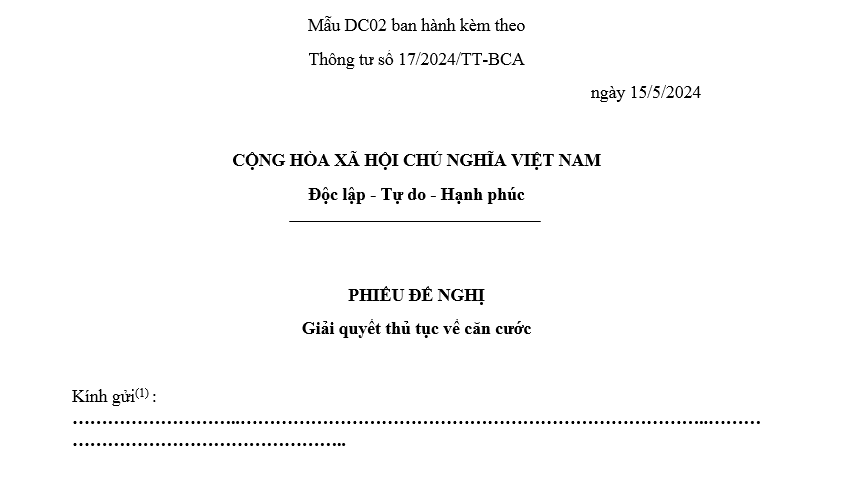 Mẫu Phiếu đề nghị giải quyết thủ tục về căn cước mới nhất