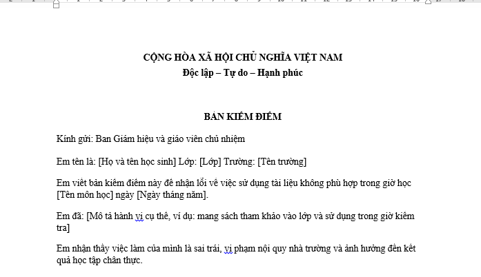 Mẫu bản kiểm điểm dành cho học sinh cấp 2, cấp 3 khi sử dụng tài liệu trong khi kiểm tra