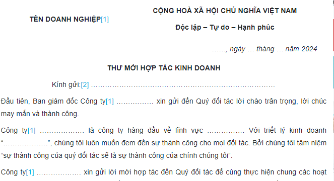 Mẫu thư mời hợp tác kinh doanh