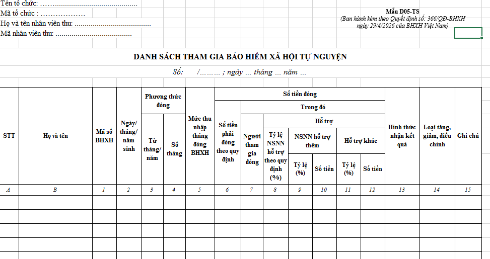 Mẫu Danh sách tham gia bảo hiểm xã hội tự nguyện 2026 theo Quyết định 366/QĐ-BHXH