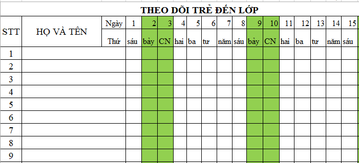  Mẫu sổ điểm danh trẻ em mầm non đến lớp