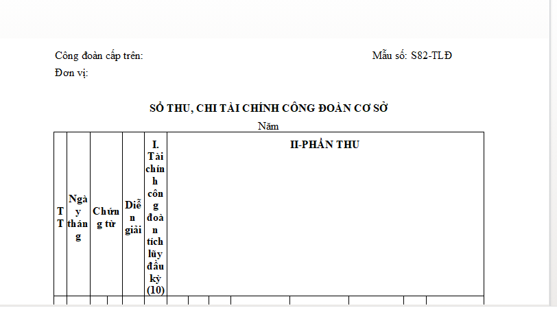 Mẫu sổ thu chi tài chính công đoàn cơ sở