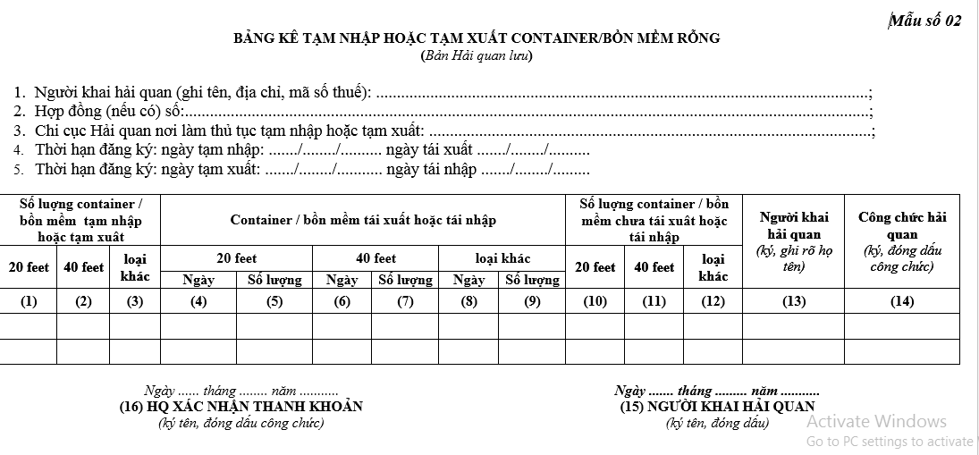  Mẫu Bảng kê tạm nhập hoặc tạm xuất container/bồn mềm rỗng (Bảng hải quan lưu)