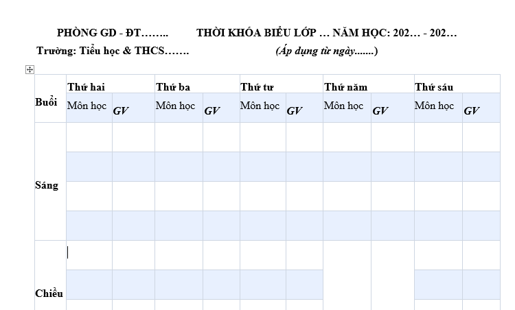 File word mẫu Thời khóa biểu dành cho học sinh tiểu học