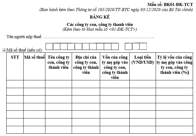 Mẫu bảng kê các công ty con, công ty thành viên