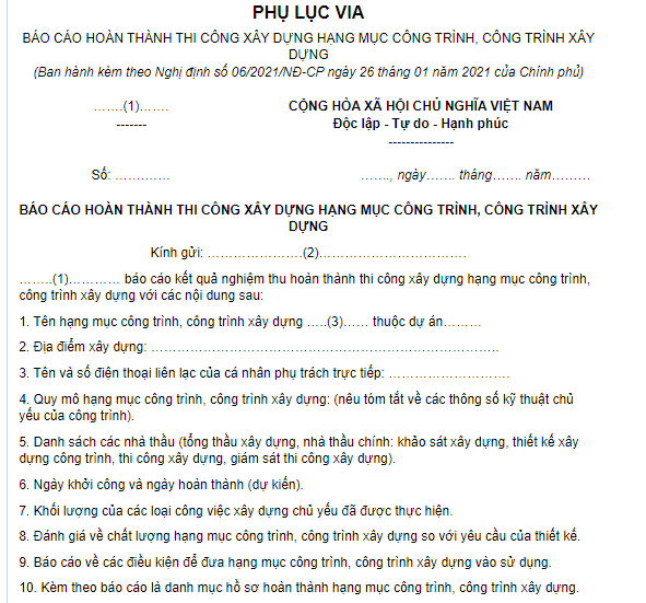 Mẫu Báo cáo hoàn thành thi công xây dựng hạng mục công trình, công trình xây dựng