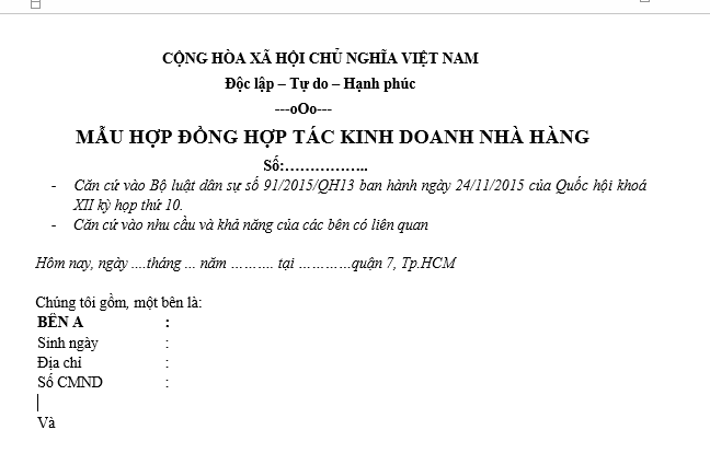 Mẫu Hợp đồng hợp tác kinh doanh (BCC) nhà hàng 