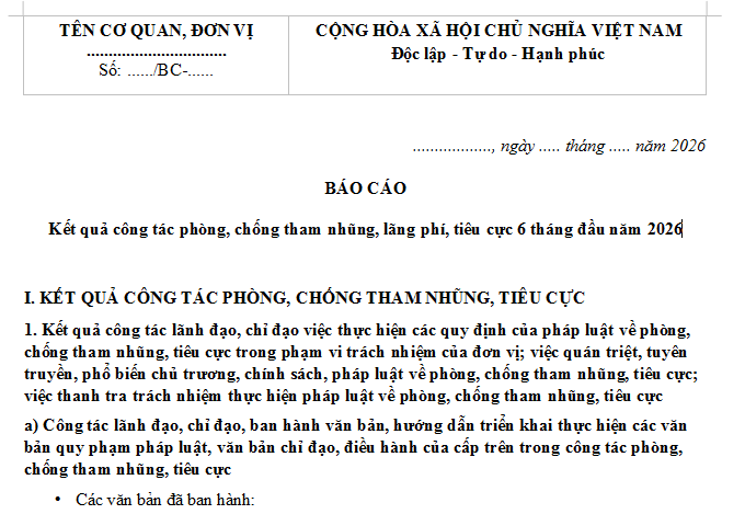 Mẫu Báo cáo kết quả hoạt động công tác phòng chống tham nhũng lãng phí tiêu cực 6 tháng đầu năm 2026