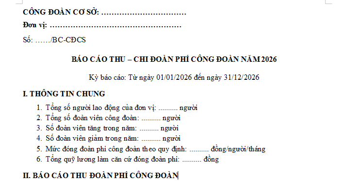 Mẫu báo cáo thu chi đoàn phí công đoàn 2026 của người lao động tham gia công đoàn cơ sở đóng