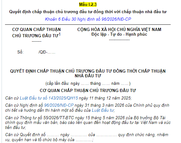 Mẫu I.2.3 Quyết định chấp thuận chủ trương đầu tư đồng thời với chấp thuận nhà đầu tư mới nhất 2026
