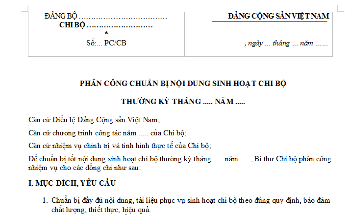 Mẫu Phân công chuẩn bị nội dung sinh hoạt chi bộ thường kỳ 2026?