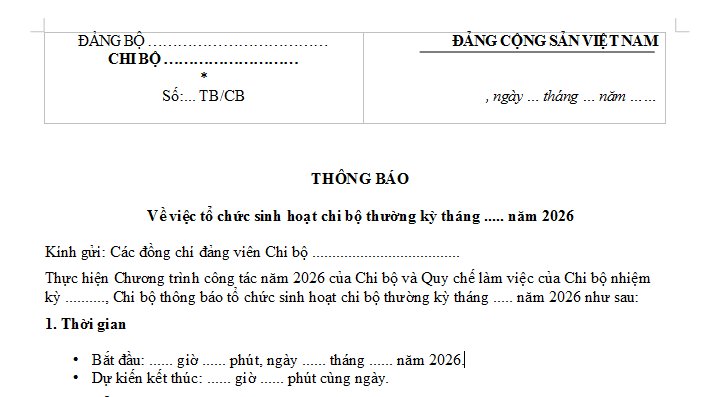 Mẫu Thông báo về việc sinh hoạt chi bộ thường kỳ 2026? Tải mẫu Thông báo sinh hoạt chi bộ thường kỳ file word? 