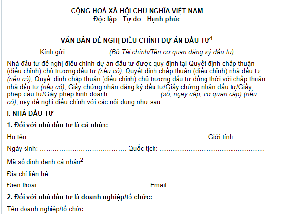 Mẫu Văn bản đề nghị điều chỉnh dự án đầu tư thực hiện thủ tục đầu tư đặc biệt mới nhất 2026