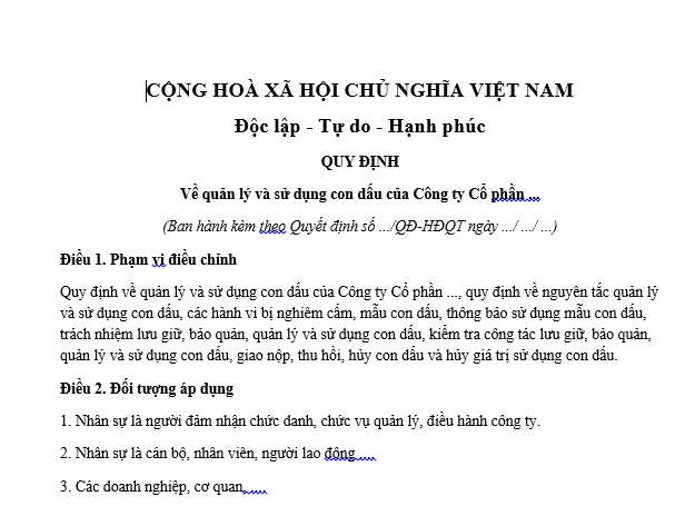 Mẫu quy chế về quản lý và sử dụng con dấu của công ty cổ phần