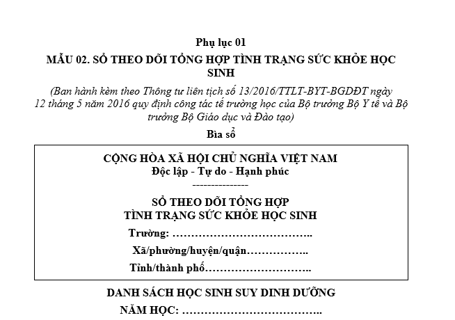 Mẫu Sổ theo dõi tổng hợp tình trạng sức khỏe học sinh các cấp