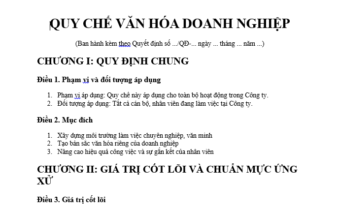 Mẫu quy chế văn hóa doanh nghiệp