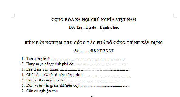 Mẫu Biên bản nghiệm thu công tác phá dỡ công trình mới nhất 2026