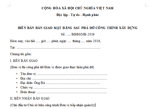 Mẫu Biên bản bàn giao mặt bằng sau phá dỡ công trình xây dựng 2026