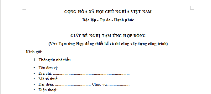 Mẫu Giấy đề nghị tạm ứng Hợp đồng thiết kế thi công xây dựng công trình mới nhất 2026