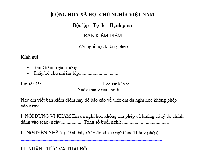 Mẫu bản kiểm điểm nghỉ học không phép dành cho học sinh các cấp