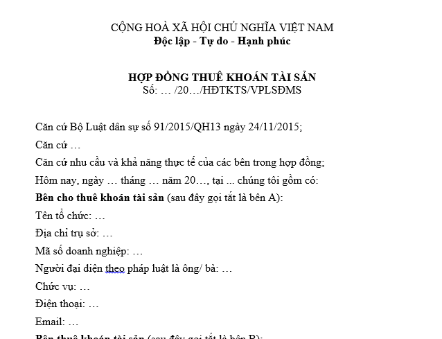 Mẫu hợp đồng thuê khoán tài sản