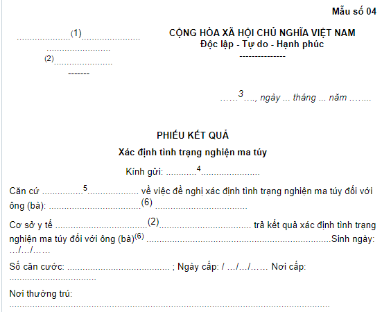 Mẫu Phiếu kết quả xác định tình trạng nghiện ma túy theo Nghị định 166