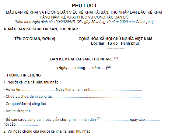 Mẫu bản kê tài sản thu nhập cuối năm dành cho cán bộ, công chức