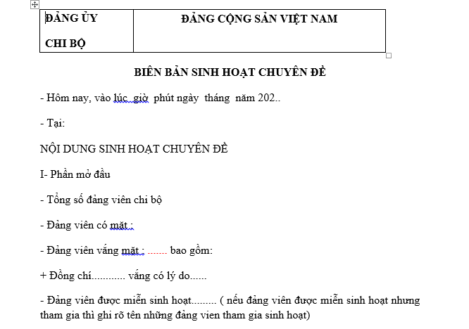 Mẫu Biên bản sinh hoạt chuyên đề "Chi bộ 4 tốt" của chi bộ mới nhất