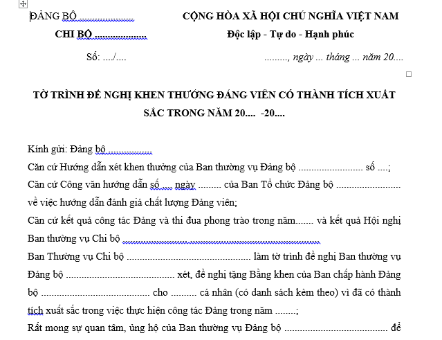 Mẫu Tờ trình đề nghị khen thưởng Đảng viên hoàn thành xuất sắc nhiệm vụ trong năm