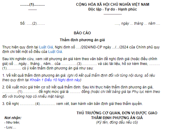 Báo cáo thẩm định phương án giá trong trường hợp hàng hóa, dịch vụ do một cấp định giá 