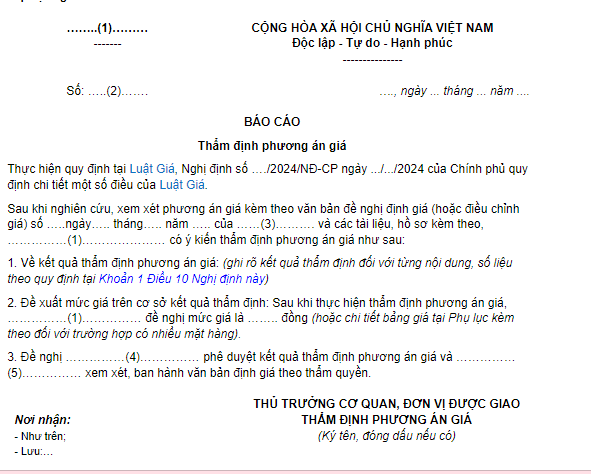 Báo cáo thẩm định phương án giá trong trường hợp hàng hóa, dịch vụ do hai cấp định giá