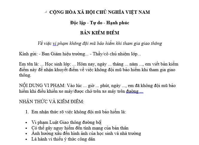 Mẫu bản kiểm điểm học sinh không đội mũ bảo hiểm