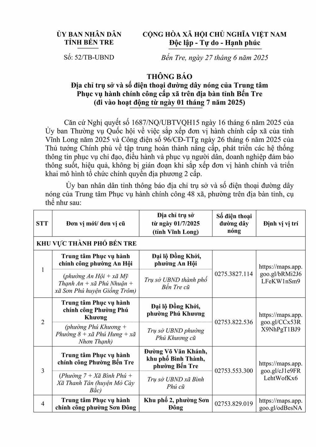 thông báo bến tre