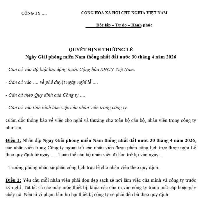 quyết định thưởng 30 4