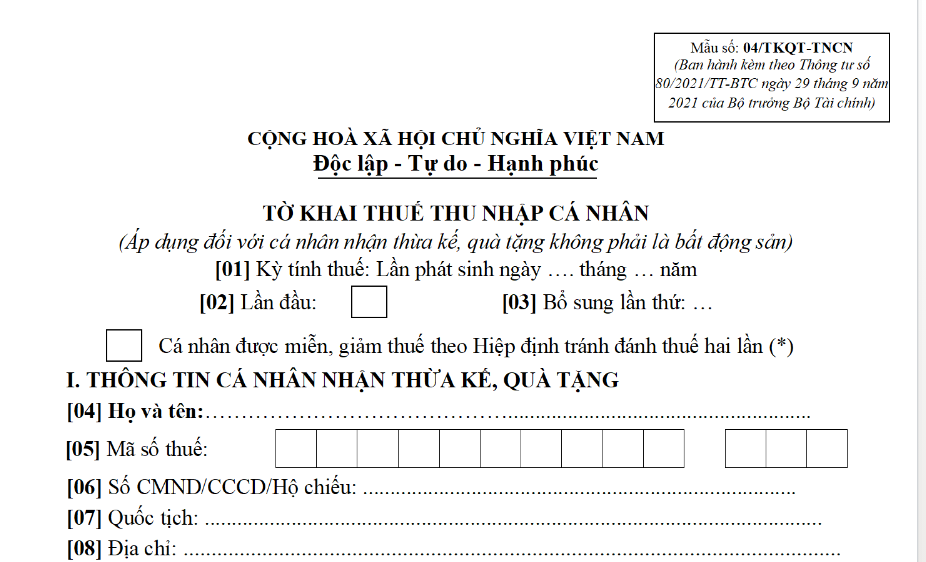 Mẫu 04/Tkqt-Tncn – Tờ Khai Thuế Tncn Từ Thừa Kế Quà Tặng Không Phải Bđs