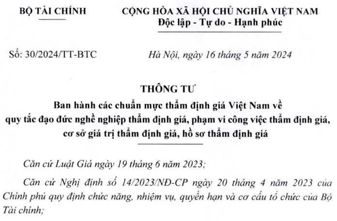 Đã có Thông tư 30/2024/TT-BTC về 04 chuẩn mực thẩm định giá Việt Nam từ ngày 01/7/2024